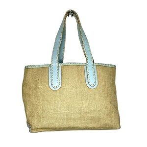 rd2 Tan Blue Canvas Leather Whipstitch Tote Shoulder Bag